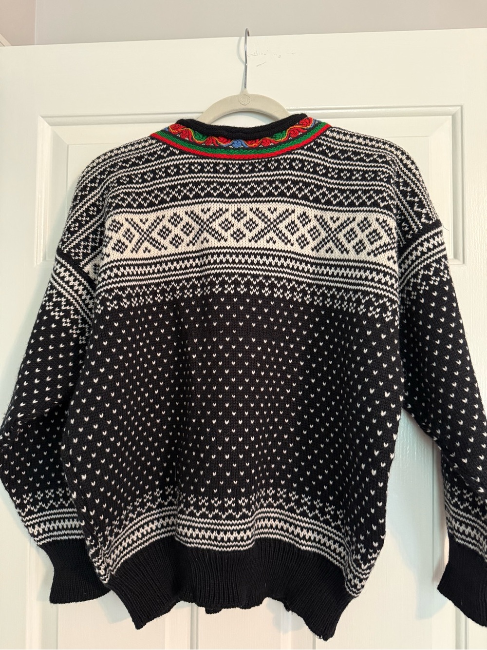 Dale of Norway Black & White Nordic V-Neck Sweater with Red Green Blue Trim - Picture 5 of 9
